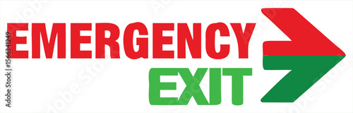 Clear and bold red text emergency and green text exit with a directional arrow pointing right indicating the way to safety during an emergency situation