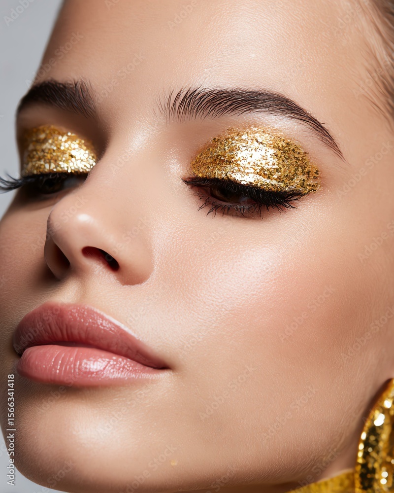 Makeup campaign for cosmetic branding and product launches Close-up of a woman showcasing stunning golden eye makeup with glowing skin and elegant features. Makeup campaign for cosmetic branding and product launches Close-up of a woman showcasing stunning golden eye makeup with glowing skin and elegant features.