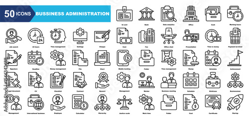 business administration icon collection set.Id card,Bank,Data analytics,Office,Cash,Working hours,Job search.Simple line vector.