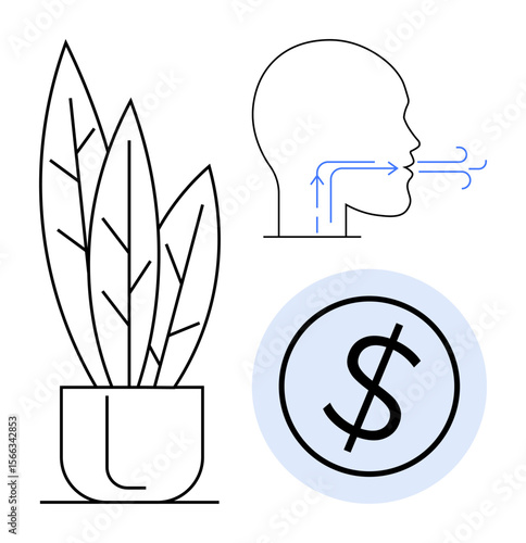 Houseplant in pot, breathing diagram with airflow, and circular dollar sign represent balance in wellness. Ideal for health, mindfulness, sustainability, finance, self-care, eco-living simple flat