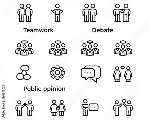 Visual representation of a group of people engaged in a collaborative discussion featuring speech bubbles to convey communication and idea sharing within a team setting
