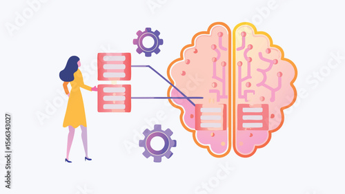 Illustration of a woman connecting data to a brain with gears representing processing power and knowledge