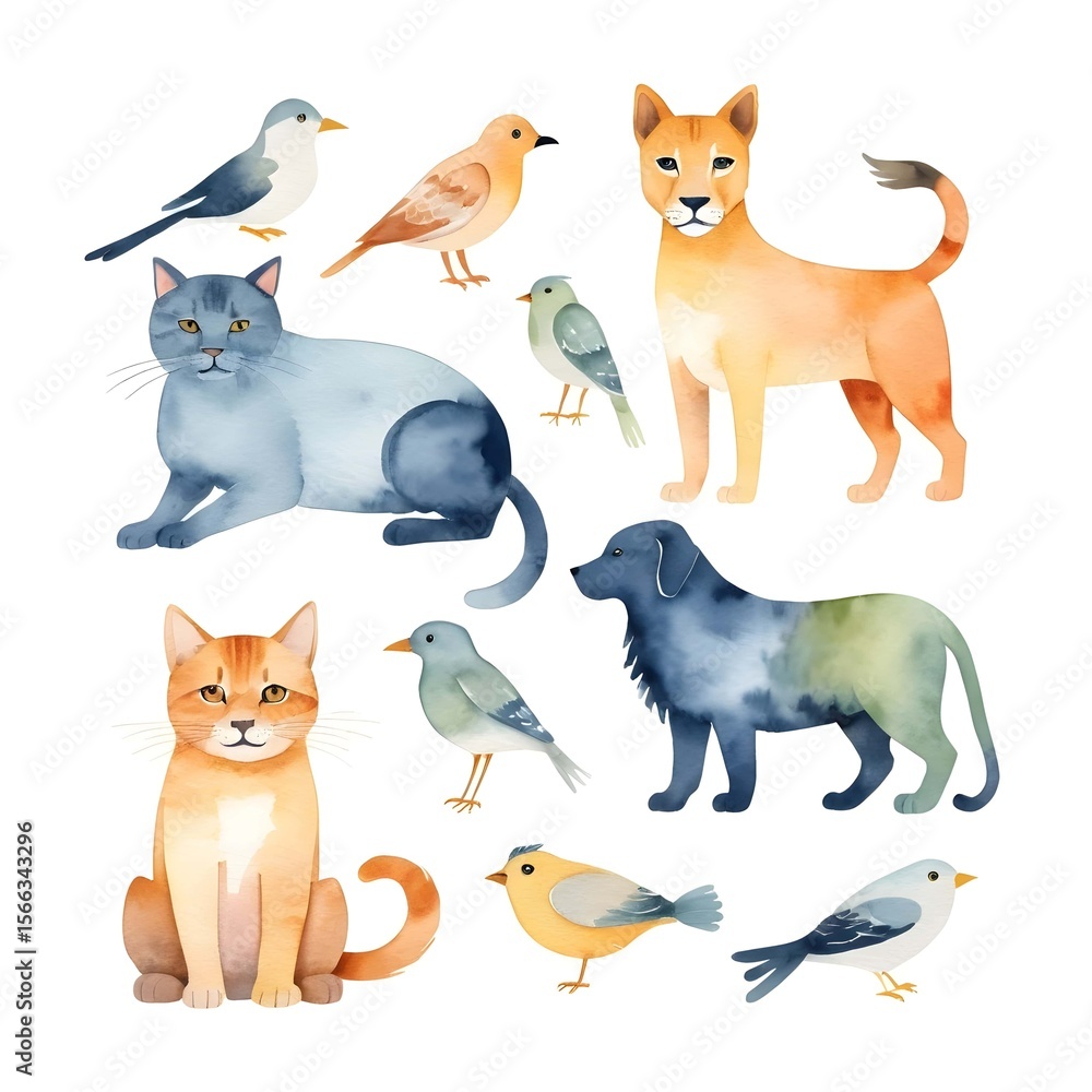 Obraz premium Watercolor collection of cute animals featuring cats dogs birds and a lion