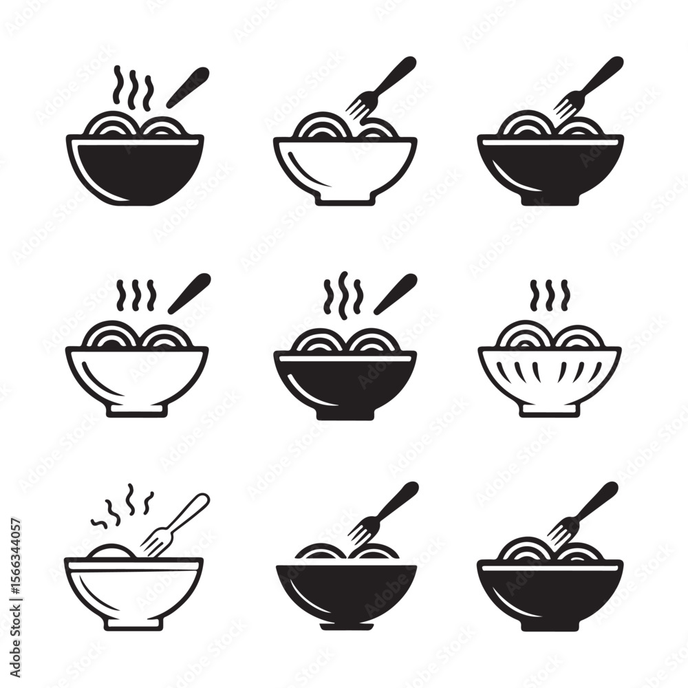 Obraz premium Pasta Bowl Outline Icons for Italian Food 