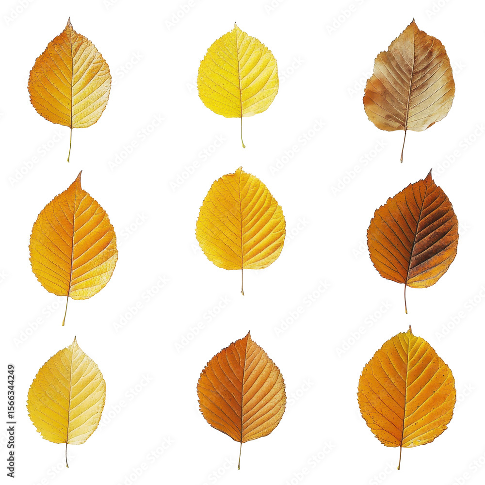 Obraz premium Golden autumn leaves arranged in grid pattern on a white background showcasing seasonal colors, Golden Autumn Leaves, white background