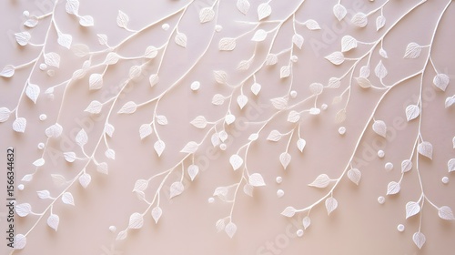 Elegant White Branches with Leaves and Dots on Beige Background