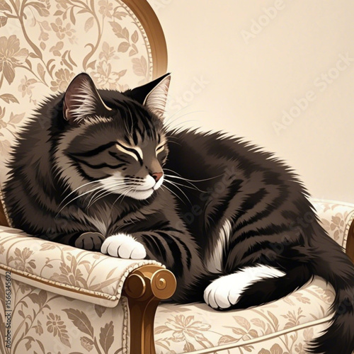 The female cat with quite long, dark fur appeared to be sleeping soundly on the chair.