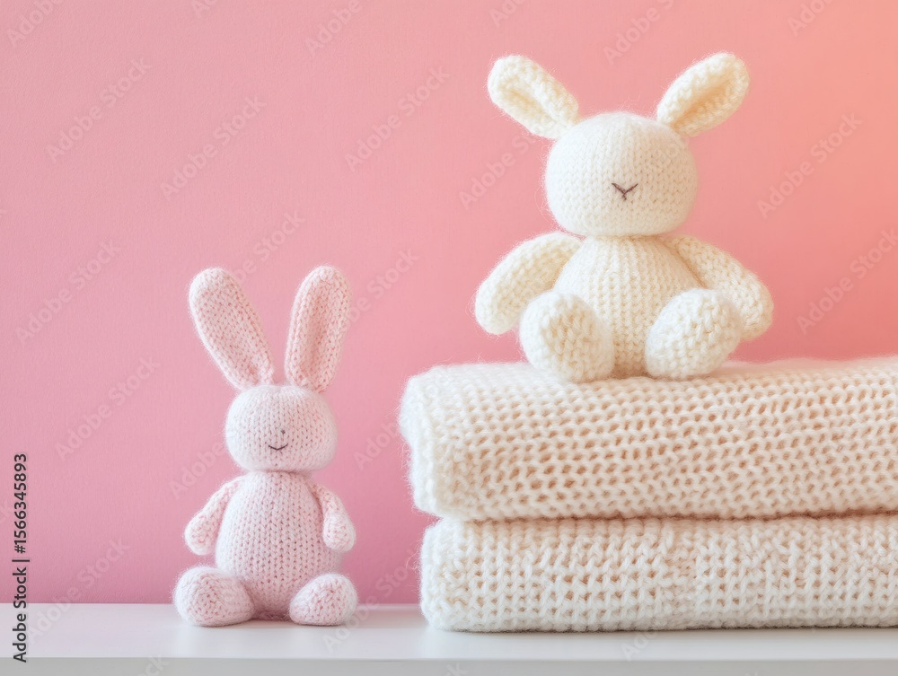 Fototapeta premium A pile of folded pastel colored clothes was placed on the table, on top of which was an adorable knitted bunny toy.