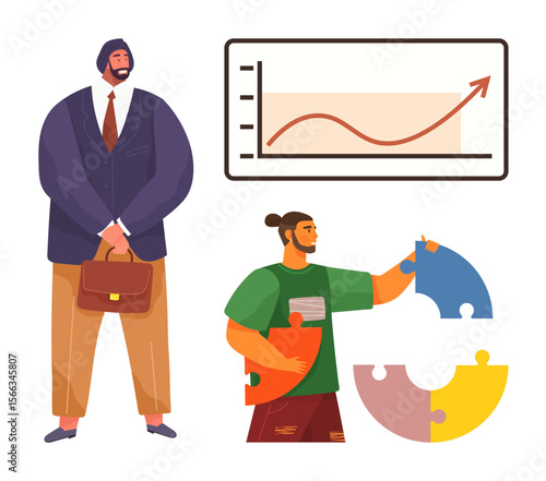 Professional with briefcase, teammate arranging puzzle pieces, upward graph. Ideal for success, teamwork, strategy, growth, planning collaboration leadership. Representing simple flat metaphor