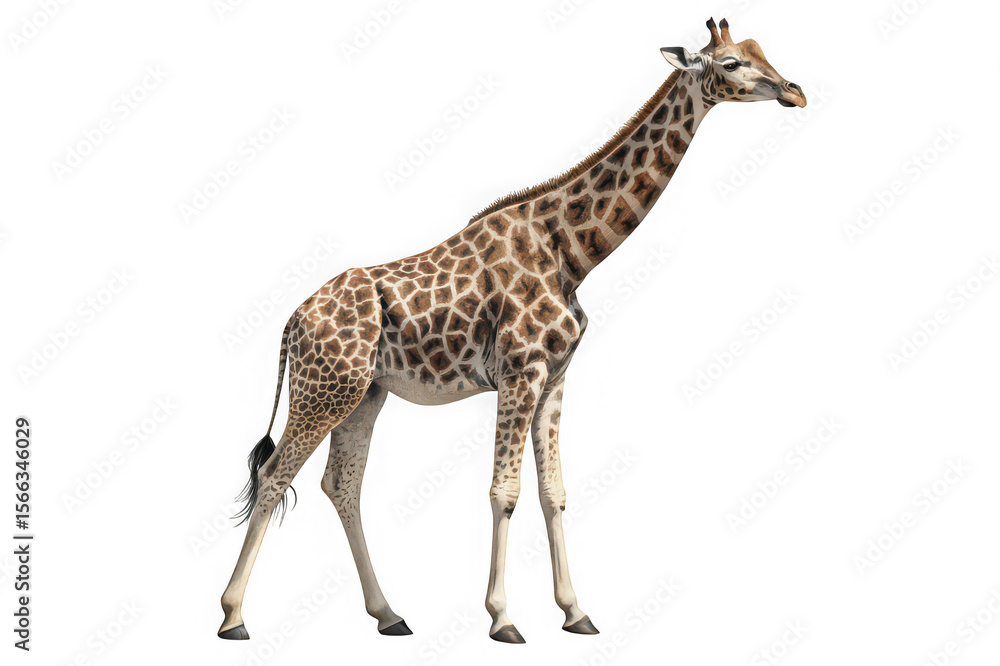 Naklejka premium Majestic giraffe standing tall with distinctive spotted pattern on white background