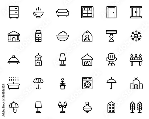 Comprehensive collection of thin line symbols representing various household furnishings and interior design elements for modern living spaces