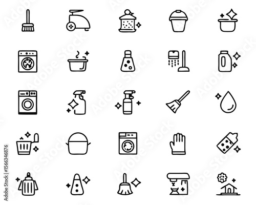 Comprehensive collection of line art symbols for domestic upkeep tasks featuring essential tools and activities for a spotless home environment presented in a clean graphical style