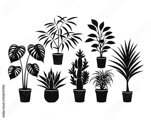 Collection of elegant silhouette designs featuring various houseplants and home botanical arrangements for decorative applications