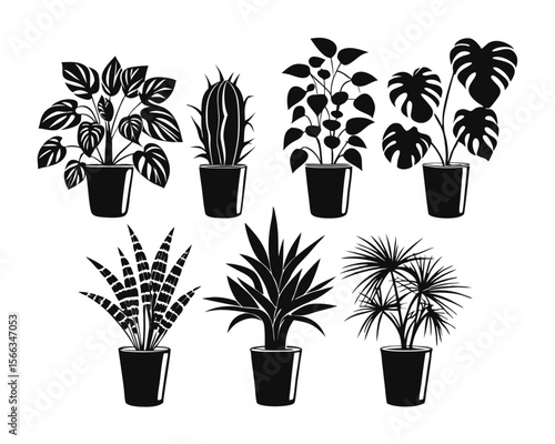 Collection of stylized silhouettes featuring various houseplants and home botanical arrangements for decorative applications