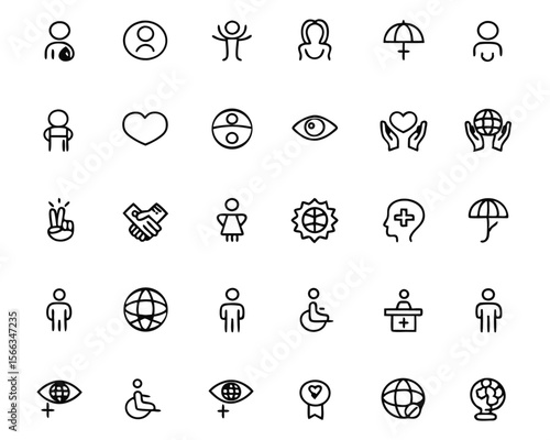 Comprehensive collection of diverse symbols representing social equity belonging and acceptance featuring thin editable lines and vibrant color accents for modern communication