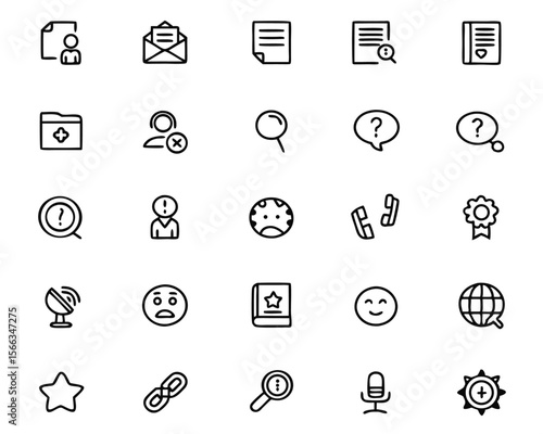 Comprehensive collection of essential symbols for customer support frequently asked questions and general information presented in a clean modern graphic style with distinct color elements