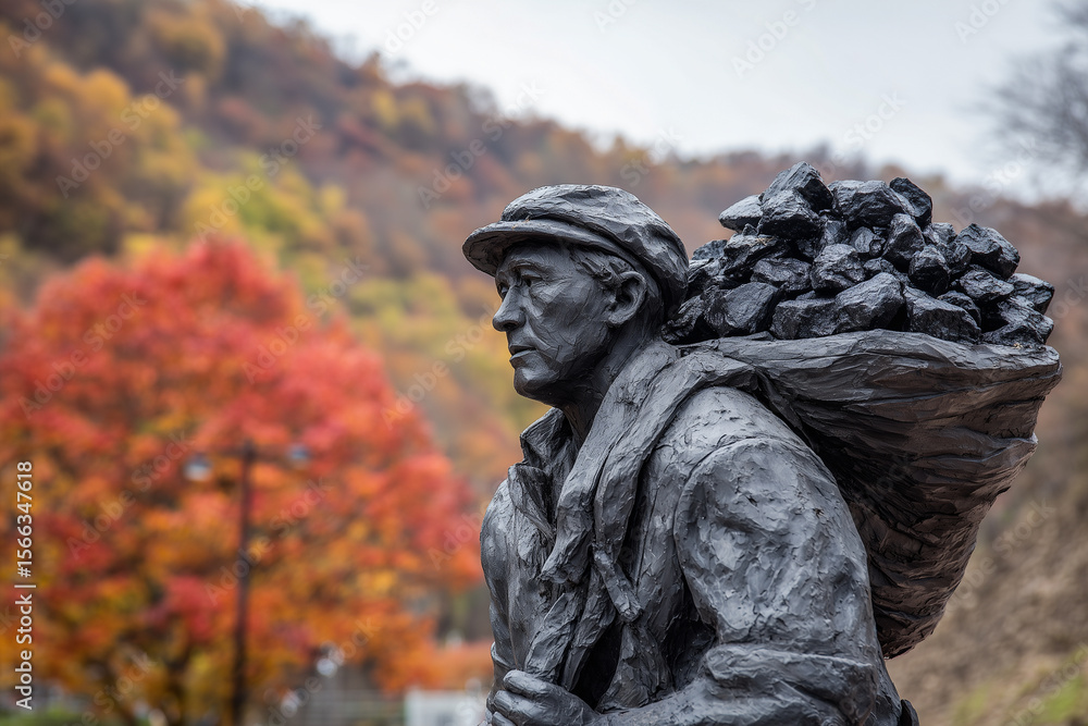 Fototapeta premium A statue of a miner carrying a load of coal stands against a backdrop of vibrant autumn trees, symbolizing hard work and dedication in mining history.