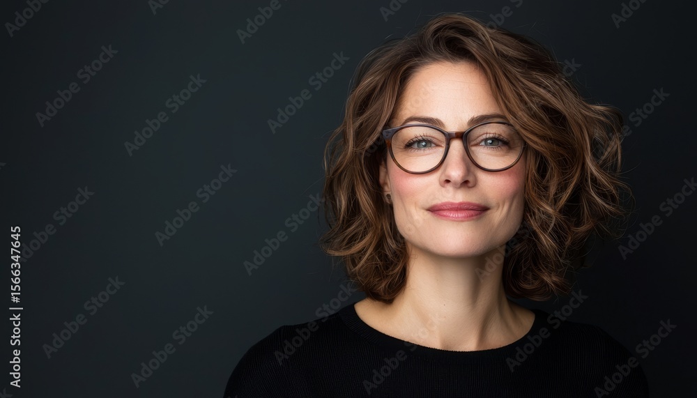 Obraz premium A confident woman with wavy brown hair and glasses smiles softly against a dark background.