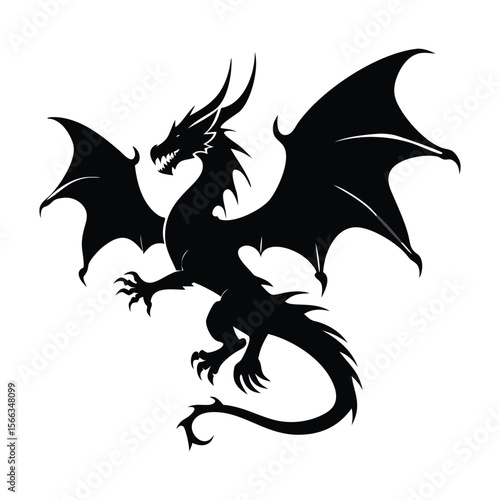 Bold black dragon silhouette with wings spread, perfect for tattoos, fantasy art, logos, or mythical-themed graphic design elements

