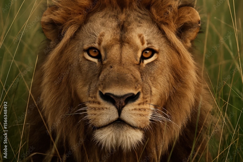 Naklejka premium A majestic lion gazes into the heart of the wild, its piercing eyes reflecting a world untamed