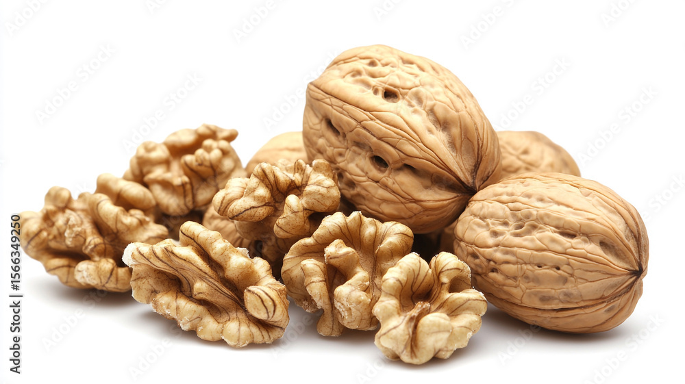 A close-up of whole and cracked walnuts, revealing their intricate textures and healthy kernels, isolated on white. A close-up of whole and cracked walnuts, revealing their intricate textures and healthy kernels, isolated on white.