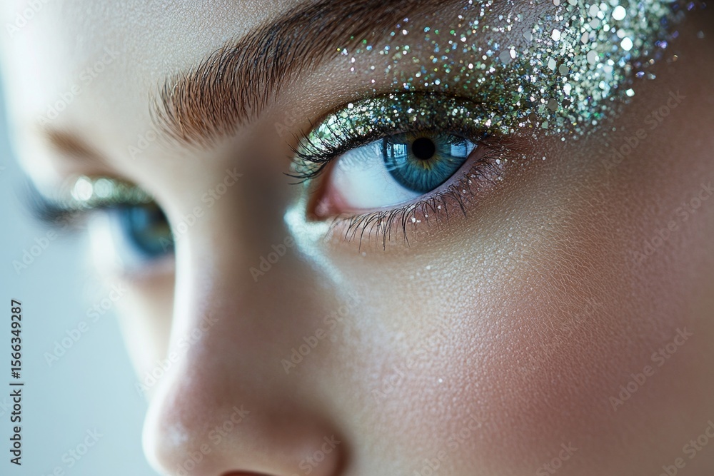 Fototapeta premium Close-up of a woman's face showcasing golden glitter makeup and captivating blue eyes
