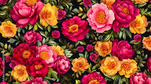 Wallpaper Mural Vibrant Peony Floral Seamless Pattern Dark Background Torontodigital.ca