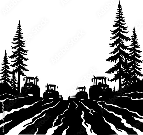 Tractor Convoy Silhouette with Forest Background vector 