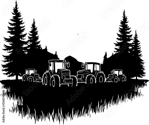 Tractor Convoy Silhouette with Forest Background vector 