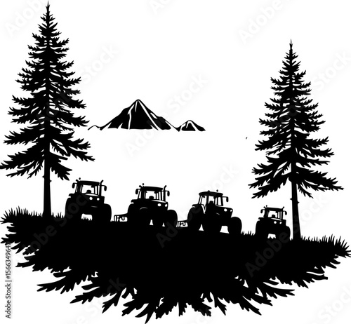 Tractor Convoy Silhouette with Forest Background vector 