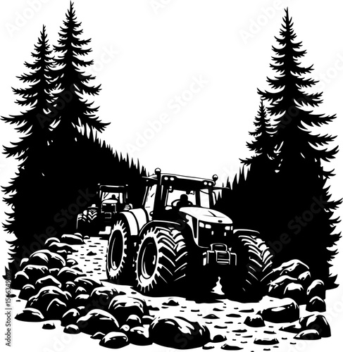 Tractor Convoy Silhouette with Forest Background vector 