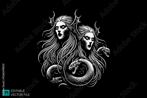 scary mermaid dark art scary creepy style tattoo illustration vector black and white background templates