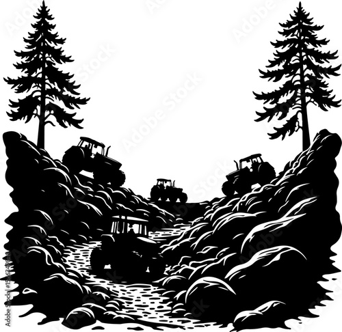 Tractor Convoy Silhouette with Forest Background vector 
