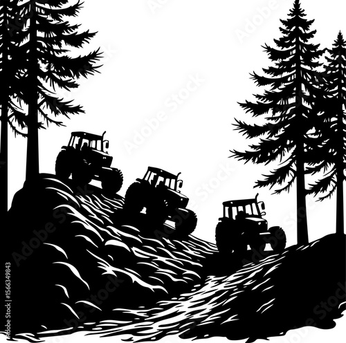 Tractor Convoy Silhouette with Forest Background vector 