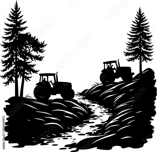 Tractor Convoy Silhouette with Forest Background vector 