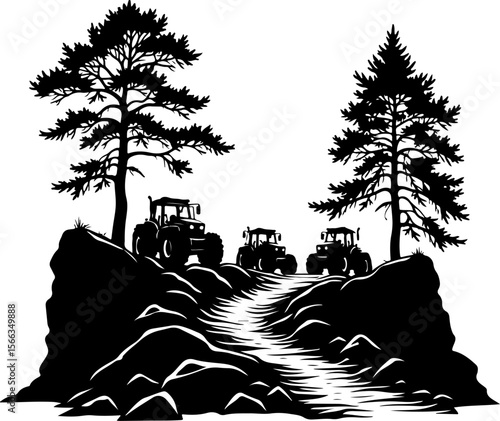 Tractor Convoy Silhouette with Forest Background vector 