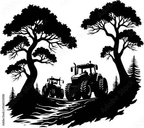 Tractor Convoy Silhouette with Forest Background vector 