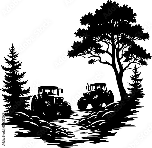 Tractor Convoy Silhouette with Forest Background vector 