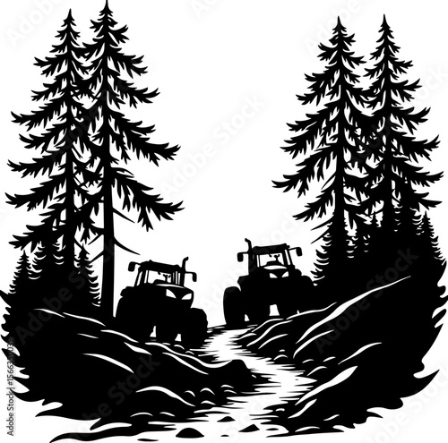 Tractor Convoy Silhouette with Forest Background vector 