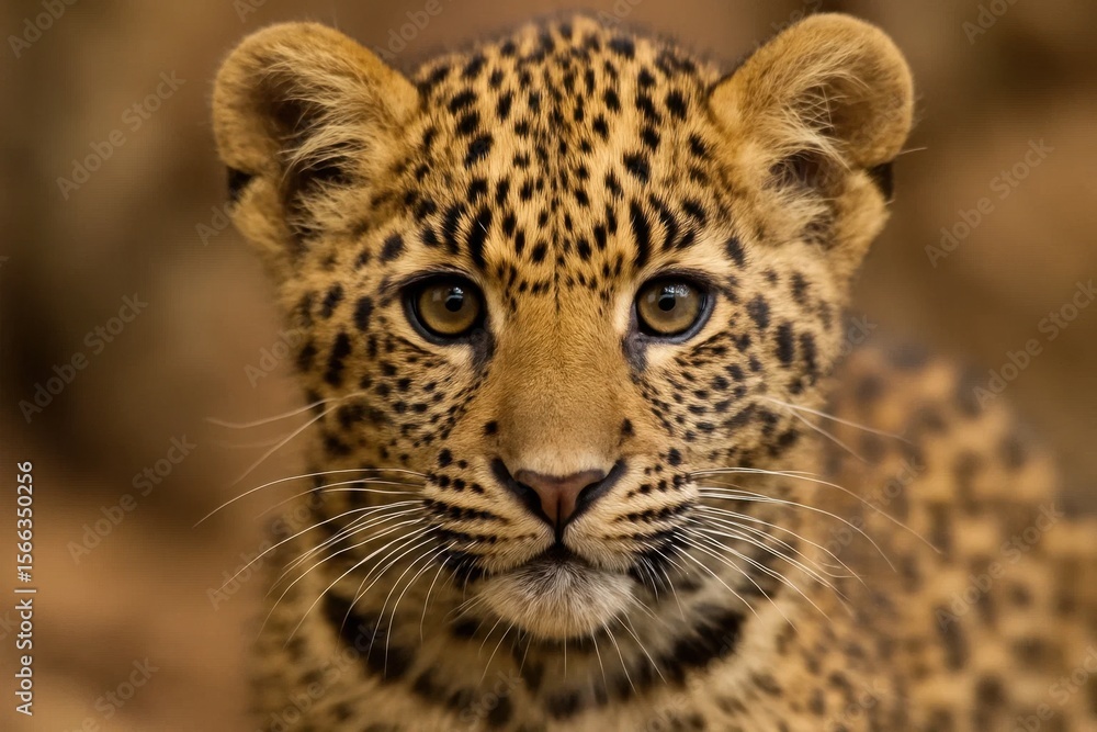 Fototapeta premium A young leopard gazes into the lens with an inquisitive expression