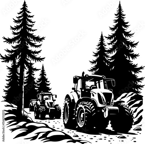 Tractor Convoy Silhouette with Forest Background vector 