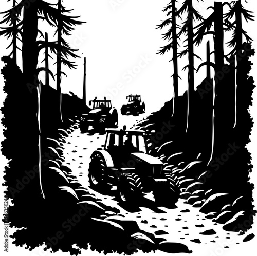 Tractor Convoy Silhouette with Forest Background vector 