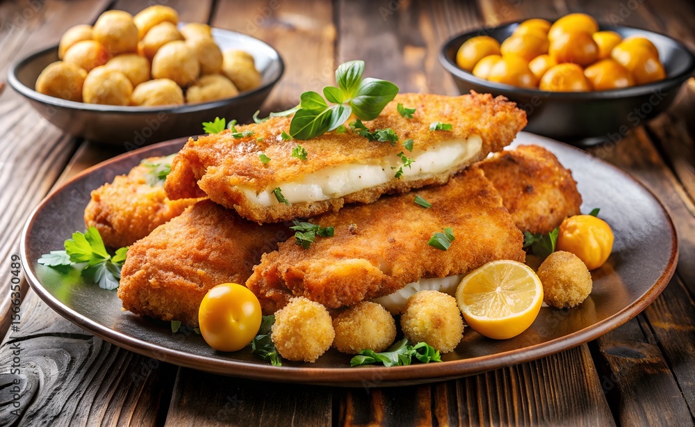Crispy Breaded Fish with Melted Cheese, Potato Balls, and Yellow Tomatoes on Rustic Wooden Table Crispy Breaded Fish with Melted Cheese, Potato Balls, and Yellow Tomatoes on Rustic Wooden Table