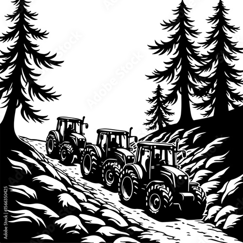 Tractor Convoy Silhouette with Forest Background vector 