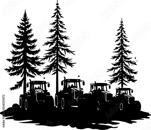 Tractor Convoy Silhouette with Forest Background vector 