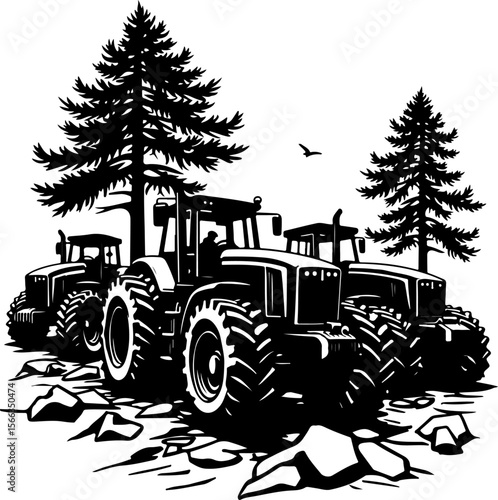 Tractor Convoy Silhouette with Forest Background vector 