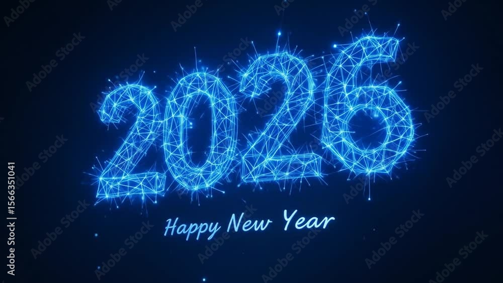 Happy New Year 2026, made with dots and lines, polygonal wireframe light link structure in the night sky, dark blue background. 4k video Happy New Year 2026, made with dots and lines, polygonal wireframe light link structure in the night sky, dark blue background. 4k video