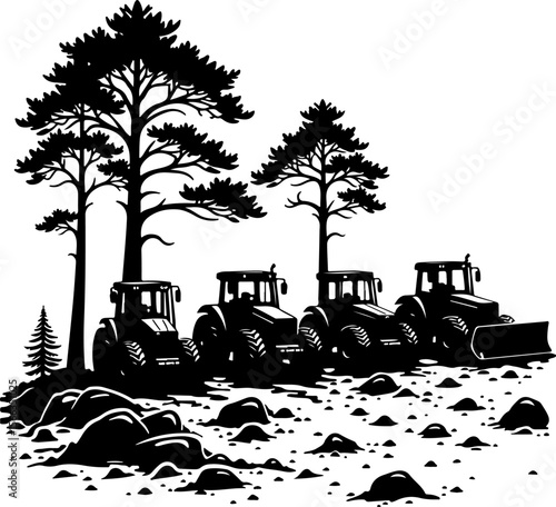 Tractor Convoy Silhouette with Forest Background vector 