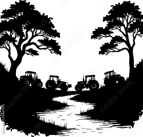 Tractor Convoy Silhouette with Forest Background vector 