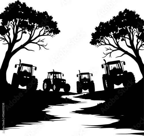 Tractor Convoy Silhouette with Forest Background vector 